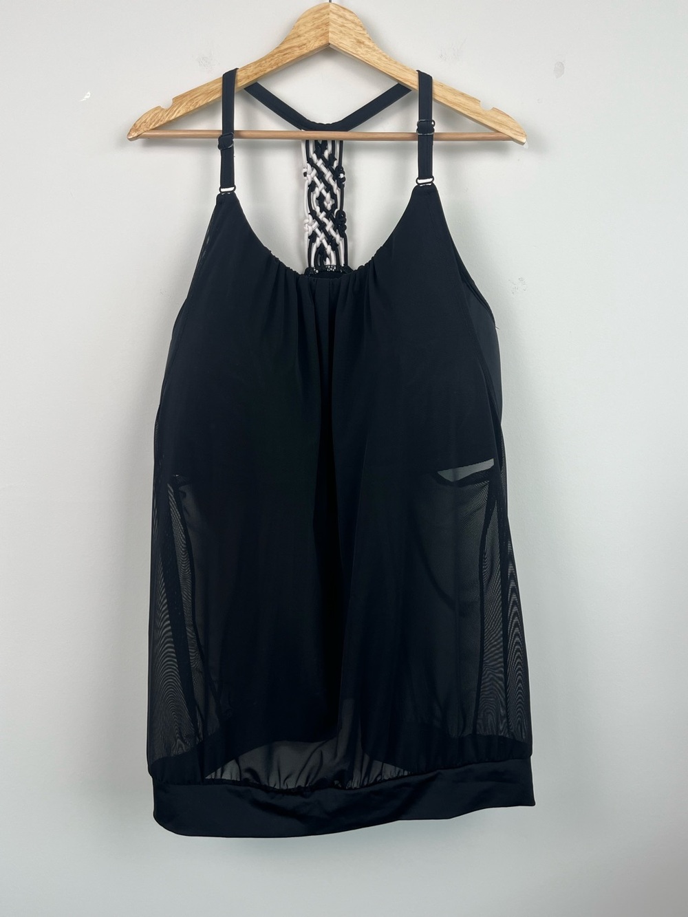 Cacique Swim black mesh overlay crochet detail tankini top, size 22.
